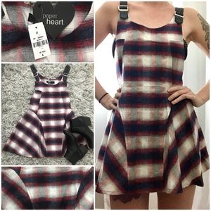 NWT. LF Paper Heart Plaid Pinafore Mini Dress